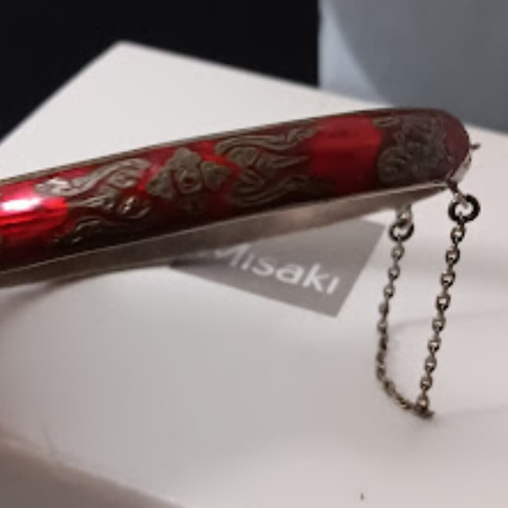 VINTAGE 1940's Sterling Siam Ruby Red Enamel Hinged Bangle Bracelet 14.5 Grams